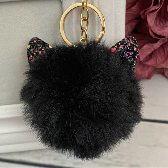 Fluffy Black Owl with Glasses Pom Pom Keychain - Picture 10 of 14
